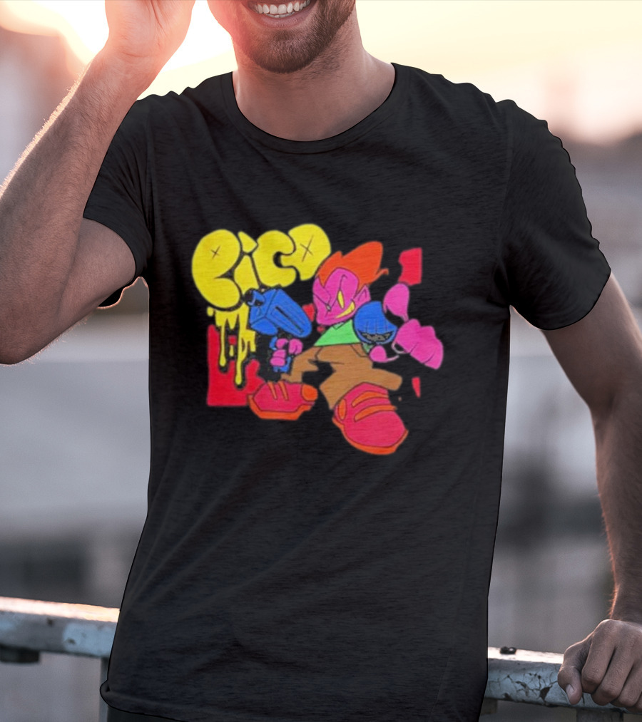 Friday Night Funkin Pico Colorful Cartoon Character Holding Gun T-Shirt
