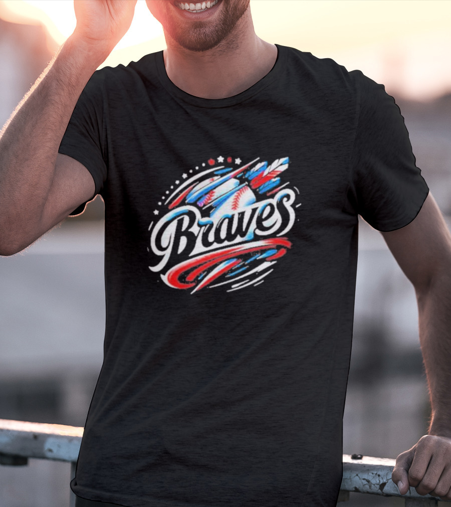 Braves Baseball Feathers MLB Team Logo With Stars And Stripes Motif T-Shirt