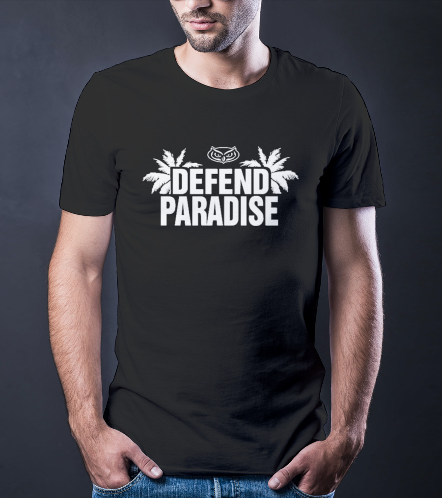 Defend Paradise Florida Atlantic Owl Logo Palm Trees T-Shirt