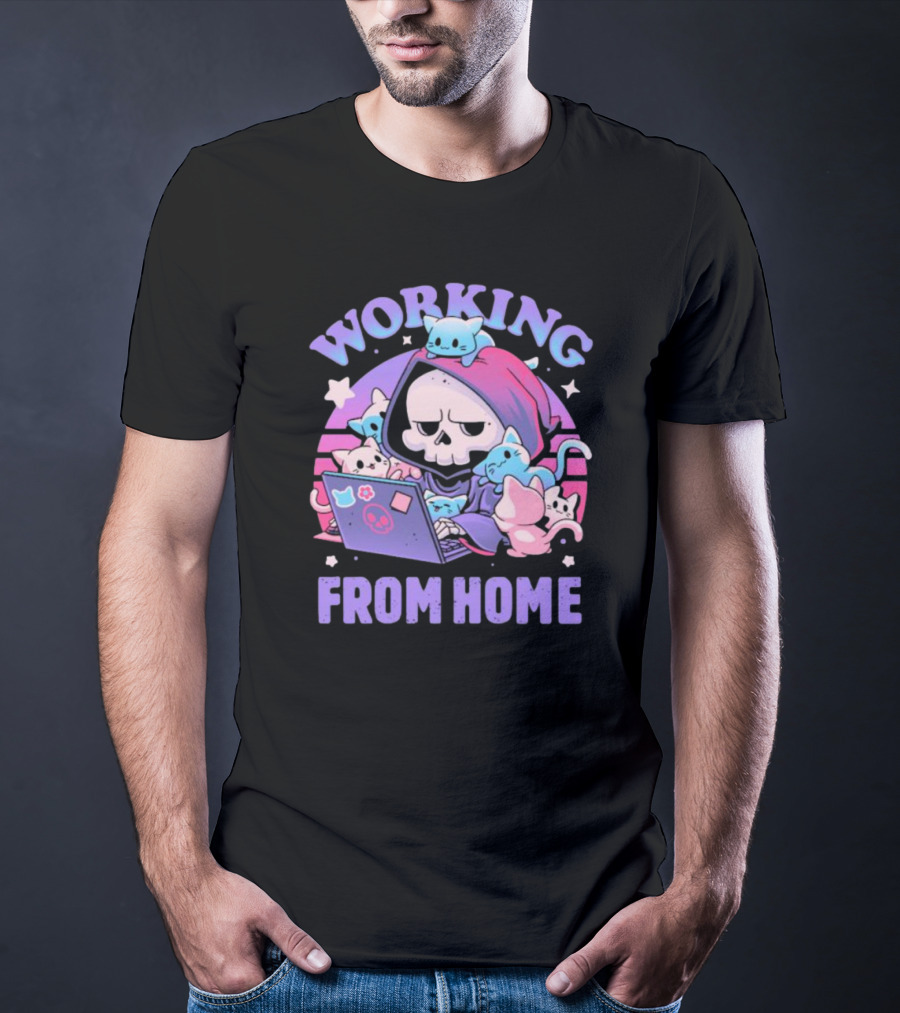 Working From Home Reaper With Cats Using Computer T-Shirt