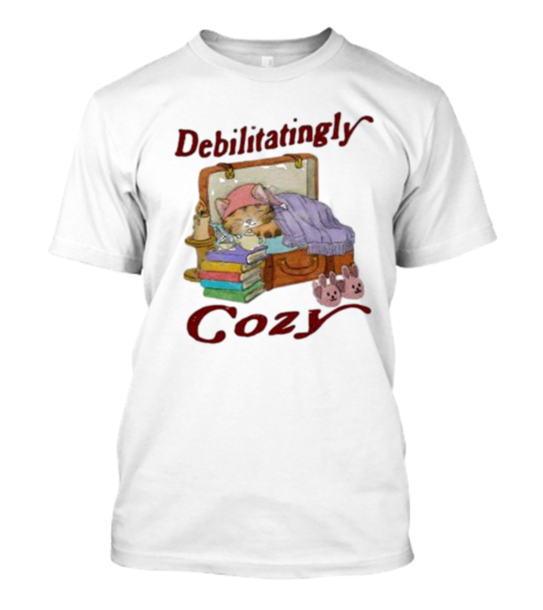 Debilitatingly Cozy Cat In Suitcase With Books And Bunny Slippers T-Shirt