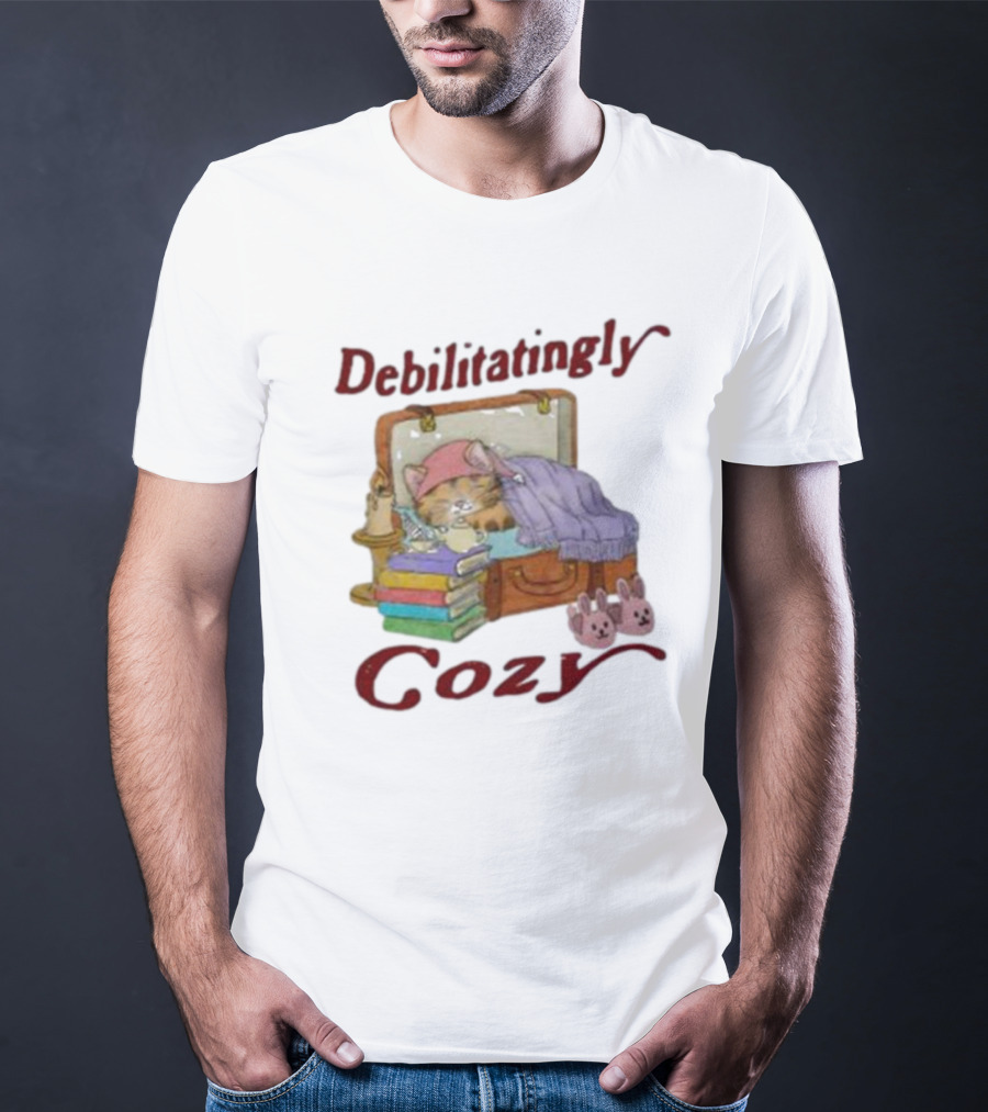 Debilitatingly Cozy Cat In Suitcase With Books And Bunny Slippers T-Shirt