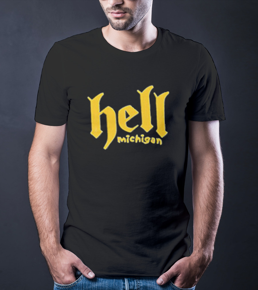 Hell Michigan Yellow Gothic Text T-Shirt