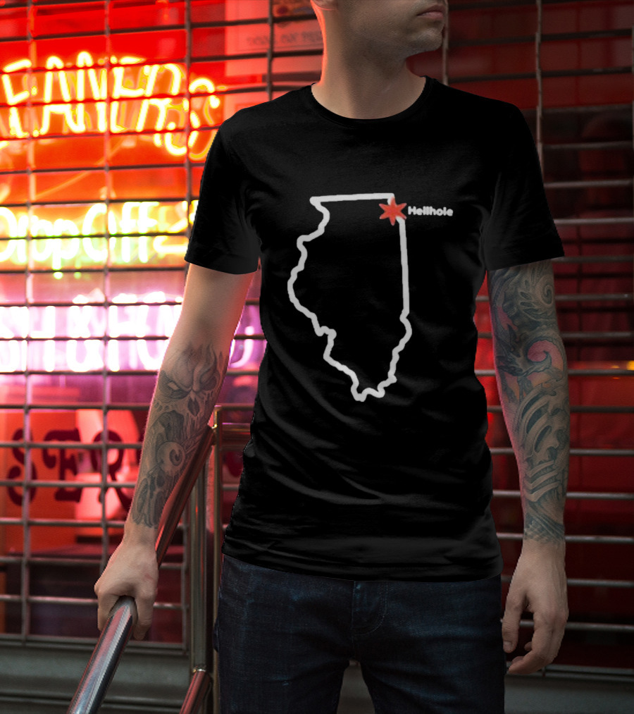 Hellhole Illinois Map Outline With Chicago Star T-Shirt