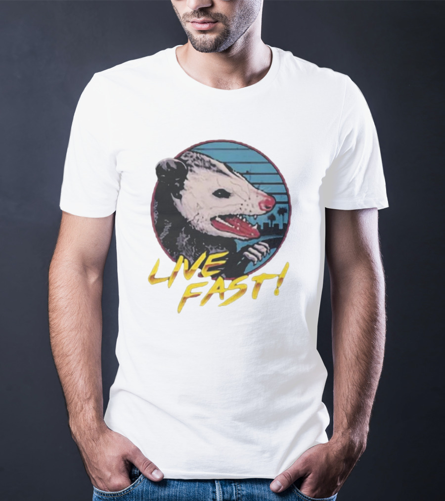 Live Fast Hiss Possum City Skyline T-Shirt