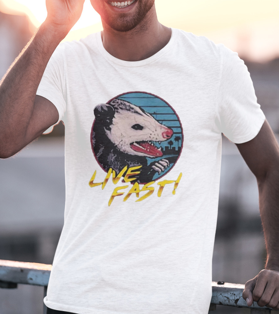 Live Fast Hiss Possum City Skyline T-Shirt