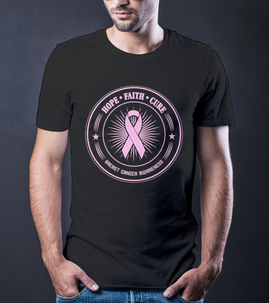 Hope Faith Cure Breast Cancer Awareness Pink Ribbon Emblem T-Shirt