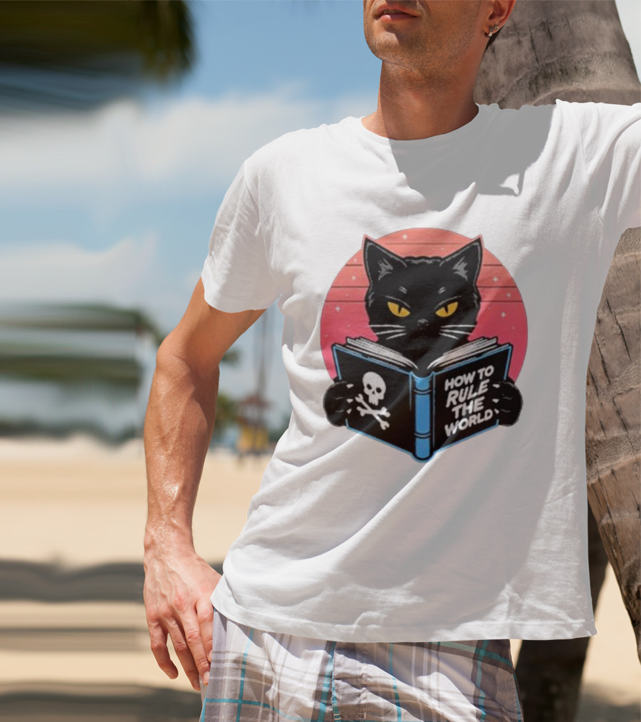 How To Rule The World Black Cat Reading Book With Skull T-Shirt