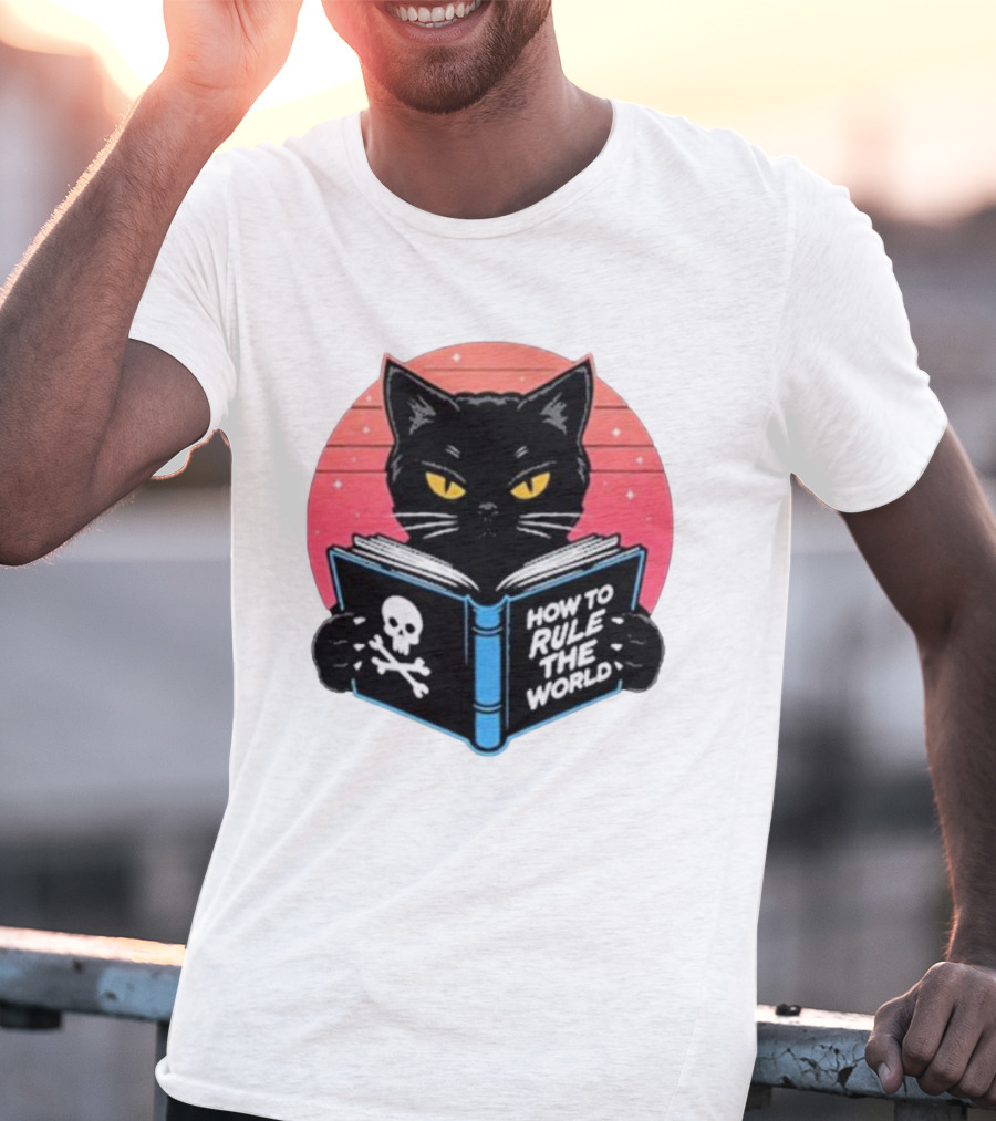 How To Rule The World Black Cat Reading Book With Skull T-Shirt