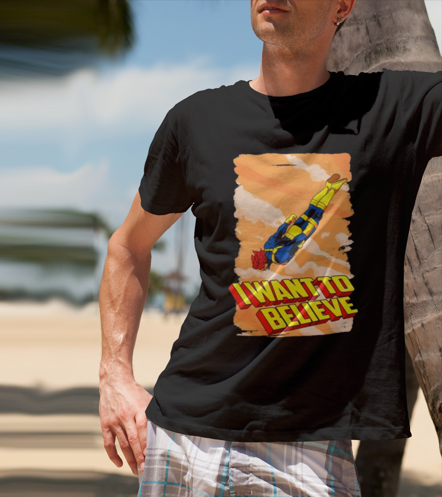 I Want To Believe Superheroes Retro Flying Hero In Yellow And Blue Suit T-Shirt