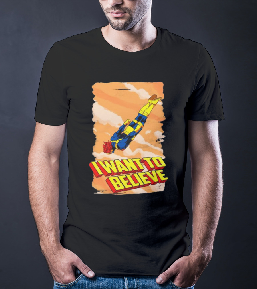 I Want To Believe Superheroes Retro Flying Hero In Yellow And Blue Suit T-Shirt