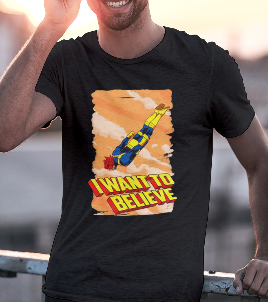 I Want To Believe Superheroes Retro Flying Hero In Yellow And Blue Suit T-Shirt