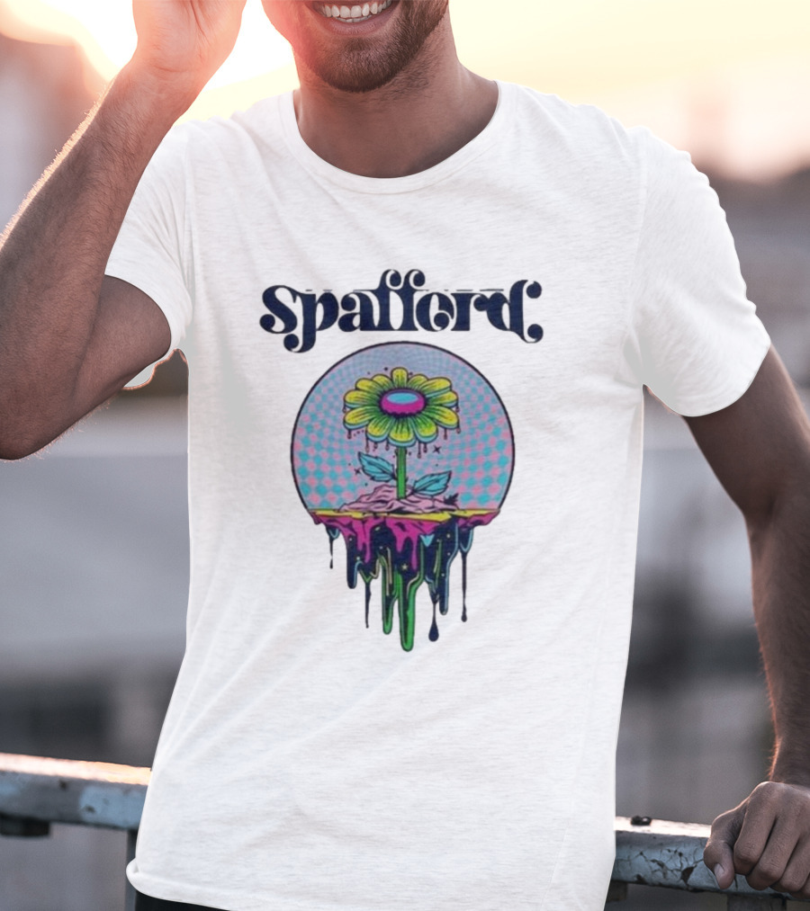 Spafford Psychedelic Space Flower In Pink And Blue Checkerboard T-Shirt