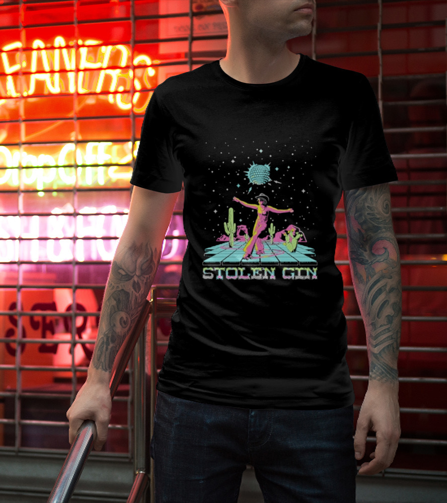 Stolen Gin Disco Cowgirl Dance Under Starry Night Desert Scene T-Shirt