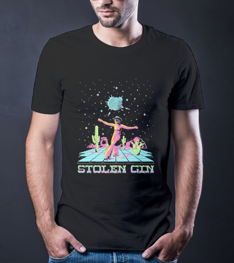 Stolen Gin Disco Cowgirl Dance Under Starry Night Desert Scene T-Shirt
