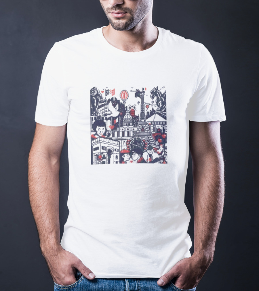 BasePaint Cityscapes Paris Eiffel Tower And Arc De Triomphe Neon Hearts T-Shirt