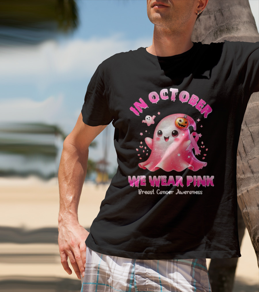 In October We Wear Pink Ghost Pumpkin Ribbon Breast Cancer Awareness T-Shirt