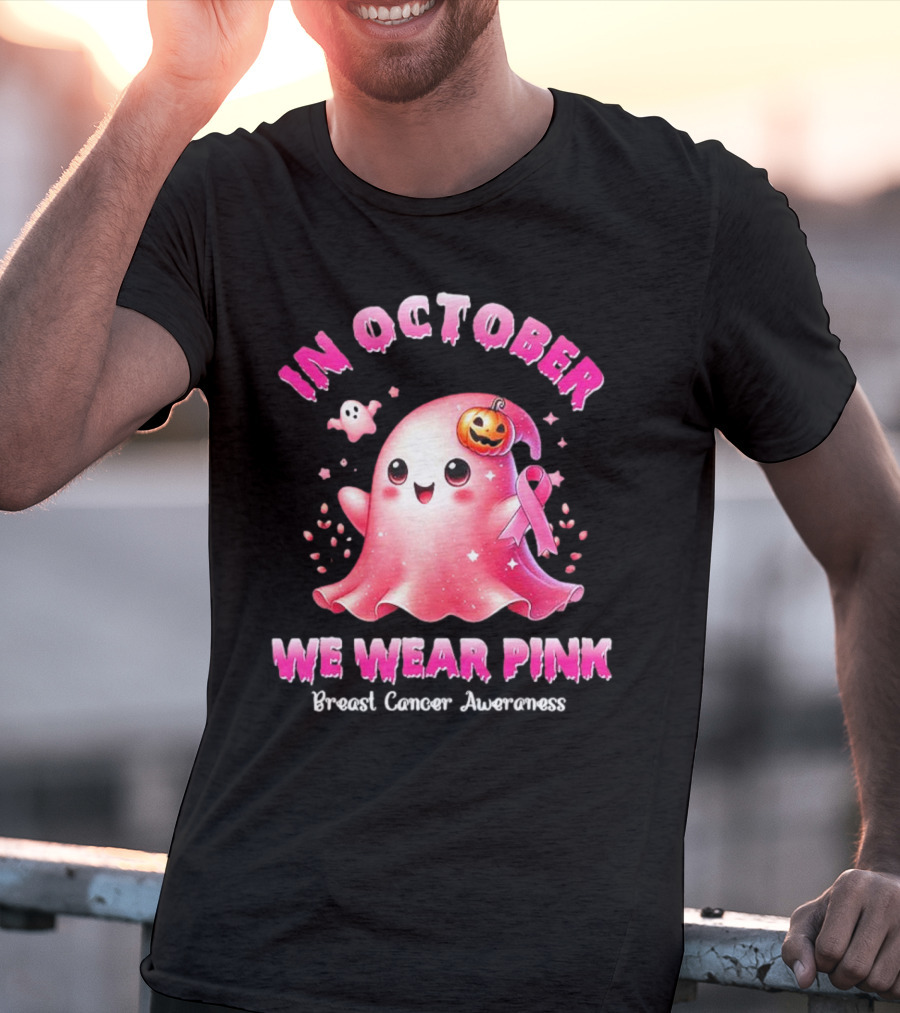 In October We Wear Pink Ghost Pumpkin Ribbon Breast Cancer Awareness T-Shirt