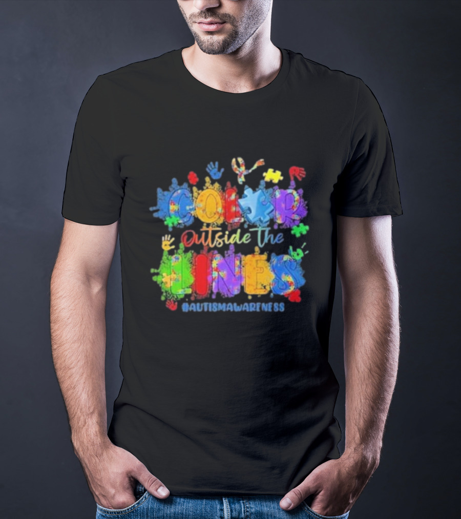 Color Outside The Lines Autism Awareness Puzzle Ribbon Hands #AutismAwareness T-Shirt