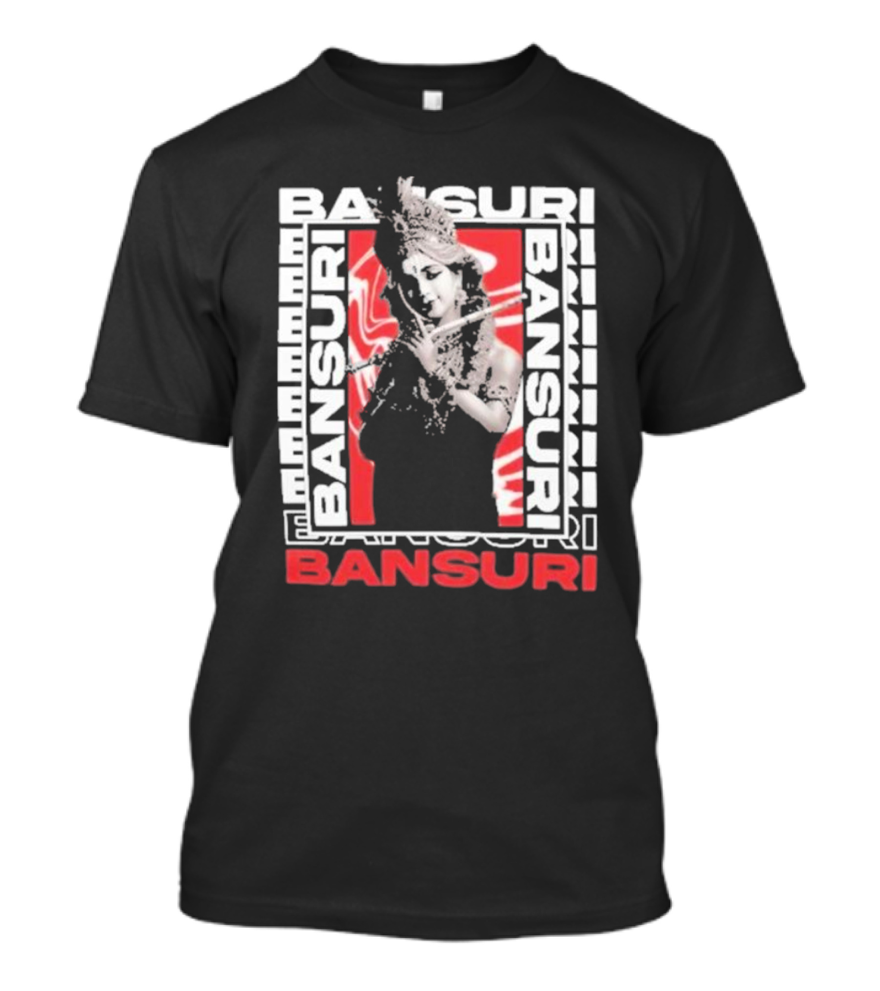 Bansuri Beautiful Girl With Flute Elegantly Framed In Red And White T-Shirt