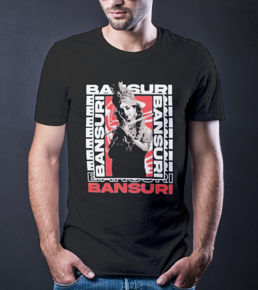 Bansuri Beautiful Girl With Flute Elegantly Framed In Red And White T-Shirt