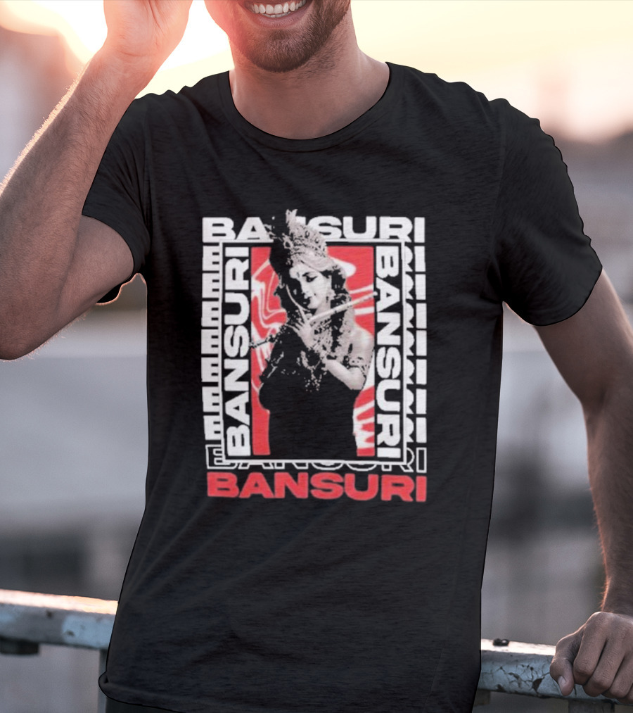Bansuri Beautiful Girl With Flute Elegantly Framed In Red And White T-Shirt