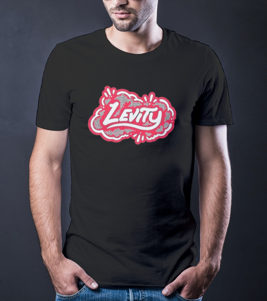 Levity Music Store Red And White Comic-Style Text On Black Cloud Background T-Shirt