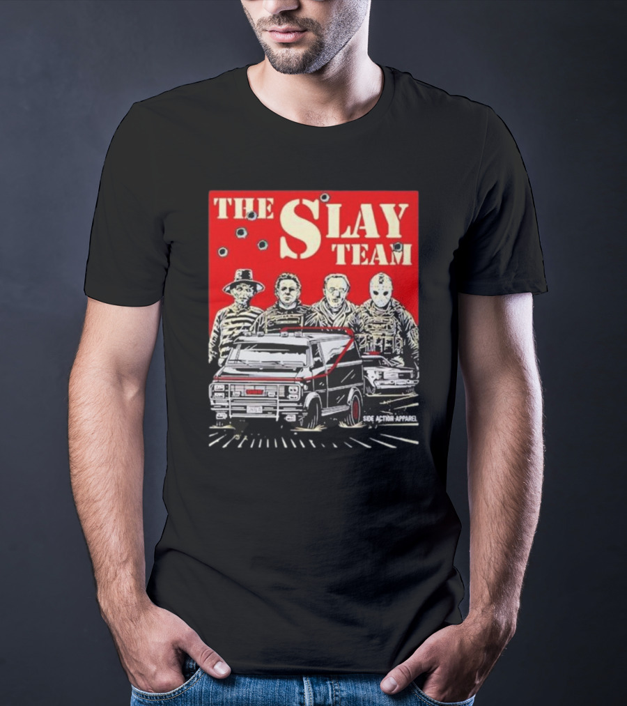 The Slay Team Horror Movies Characters Side Action T-Shirt
