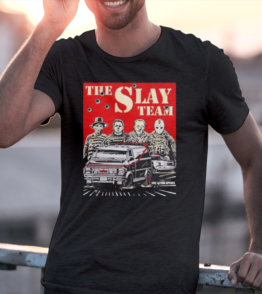 The Slay Team Horror Movies Characters Side Action T-Shirt