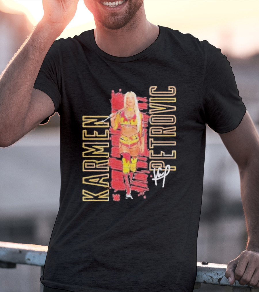 Karmen Petrovic Vertical Signature With Bold Red And Yellow Athlete T-Shirt