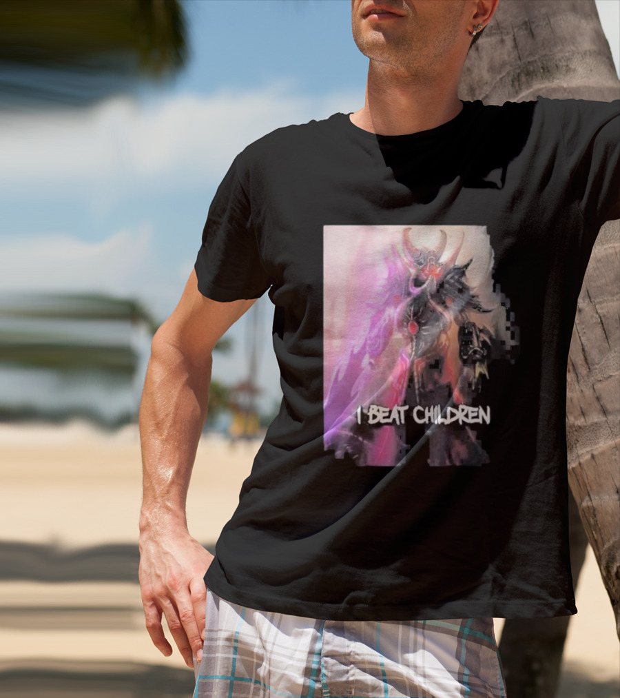 Kassadin I Beat Children Text Featuring Dark Mysterious Armored Character With Glowing Accents T-Shirt