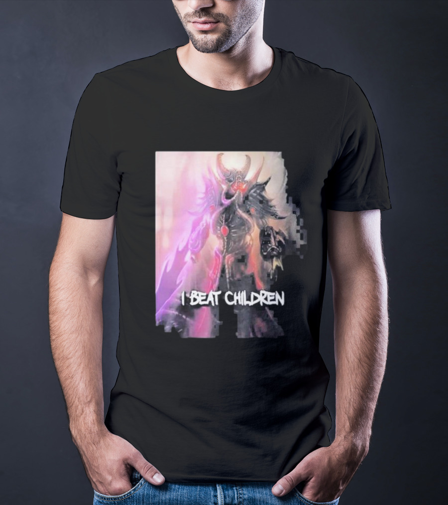 Kassadin I Beat Children Text Featuring Dark Mysterious Armored Character With Glowing Accents T-Shirt