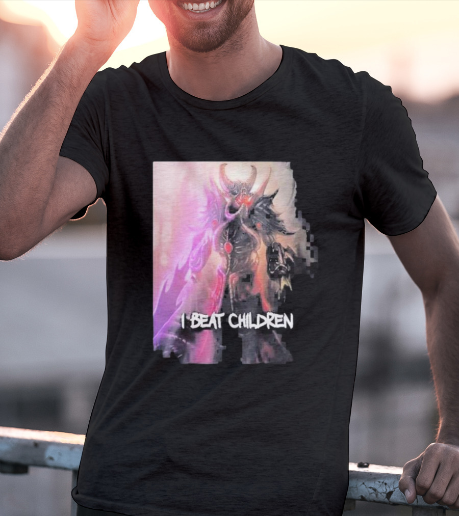 Kassadin I Beat Children Text Featuring Dark Mysterious Armored Character With Glowing Accents T-Shirt