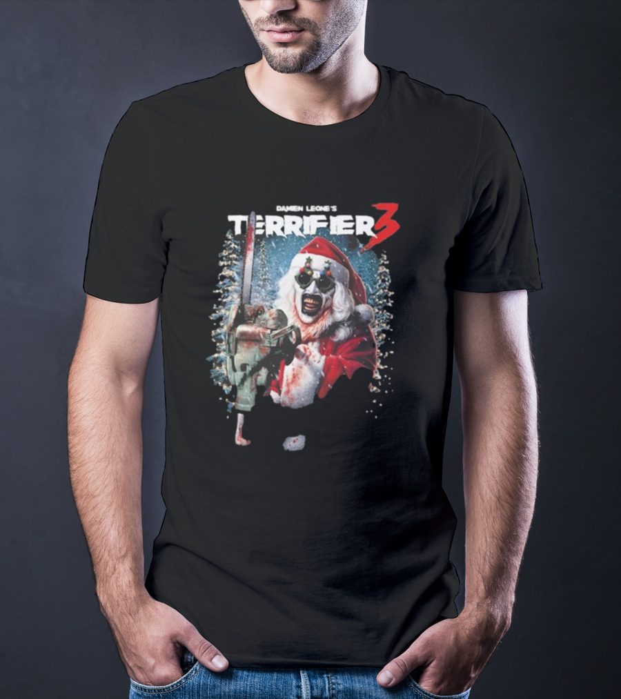 Damien Leone's Terrifier 3 Merry Mayhem Santa With Chainsaw T-Shirt