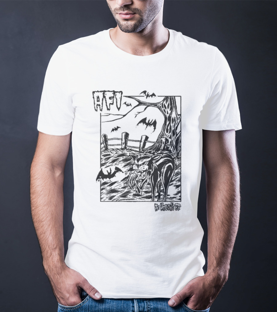 AFI All Hallow's Eve Bats And Black Cat In Haunted Scene T-Shirt