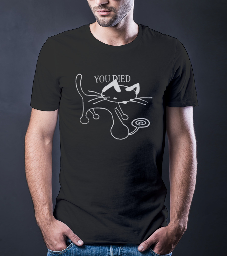 Geov Pixlotl You Died Cat Sketch With Whimsical Line Art And Spiral Tail T-Shirt