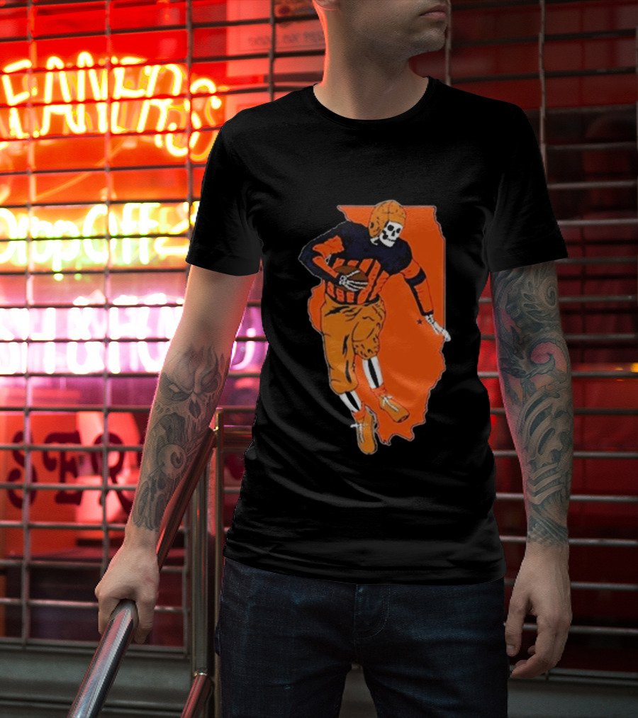 IL Illinois Fighting Illini Football Skeleton Player On Orange State Background T-Shirt
