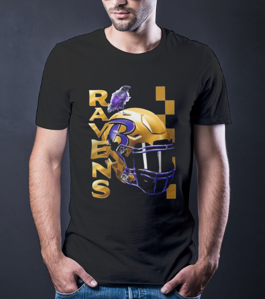Ravens Gold Helmet With Purple B And Crow T-Shirt