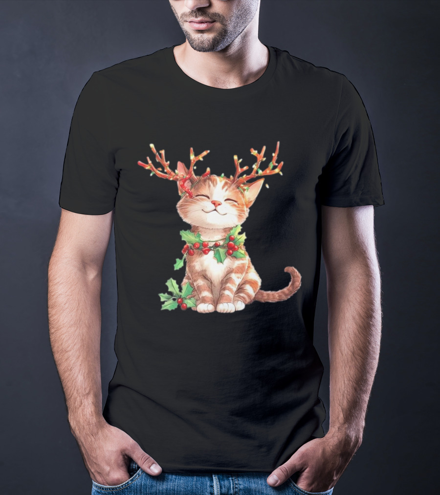 Cute Cat With Reindeer Antlers And Christmas Tree Lights T-Shirt