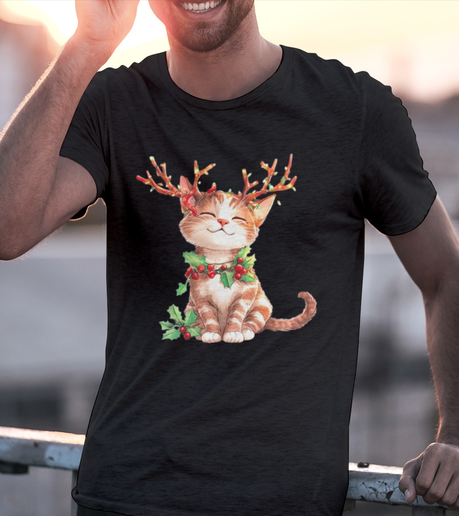 Cute Cat With Reindeer Antlers And Christmas Tree Lights T-Shirt