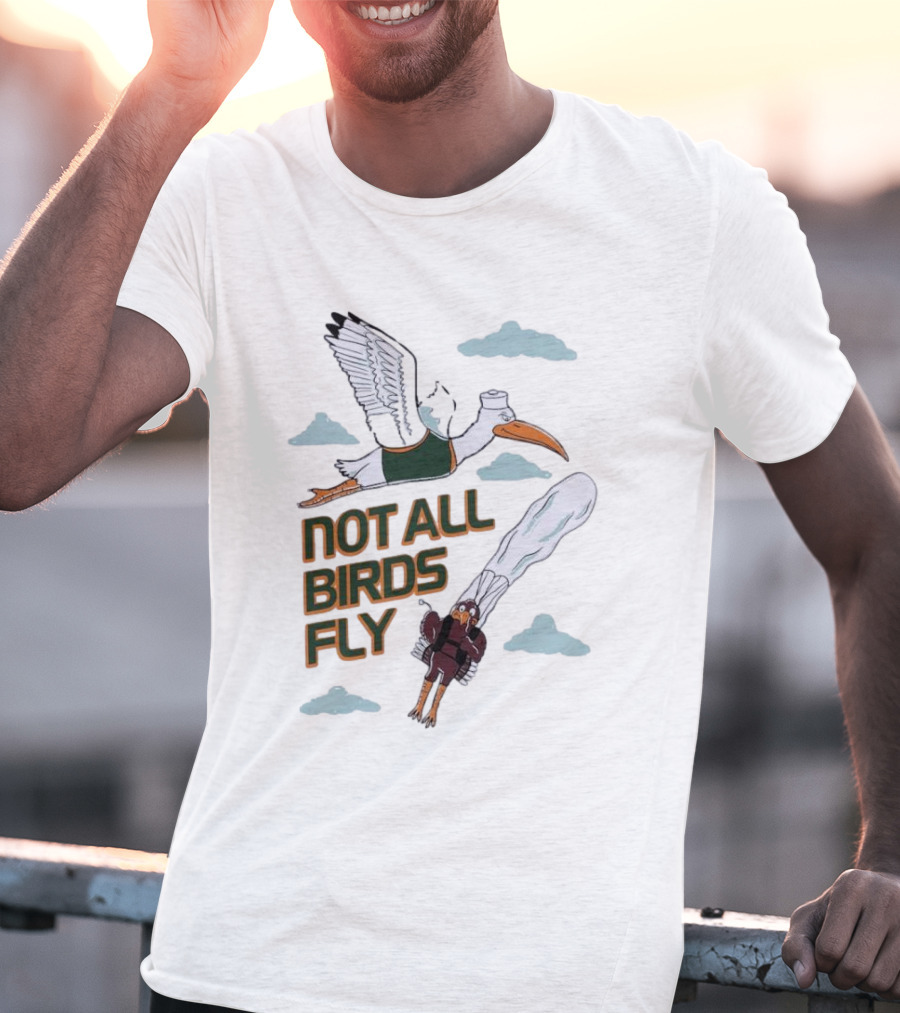 Miami Hurricanes Not All Birds Fly Ibis And Jetpack Seagull Clouds T-Shirt