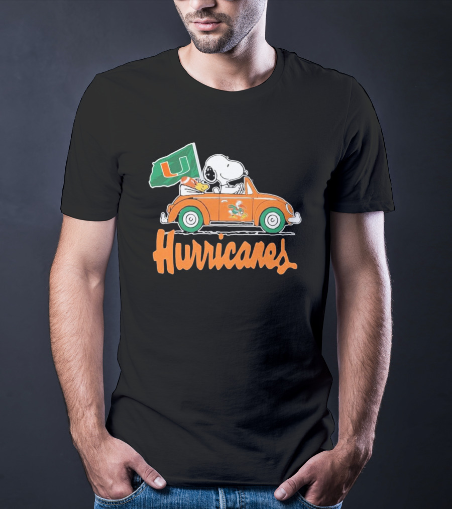 Peanuts Snoopy Woodstock Miami Hurricanes Car Driving With Flag T-Shirt