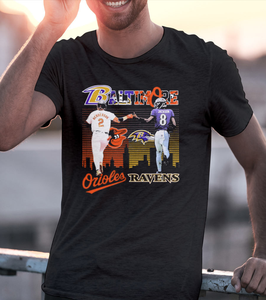 Baltimore Orioles Gunnar Henderson Baltimore Ravens Lamar Jackson City Skyline T-Shirt