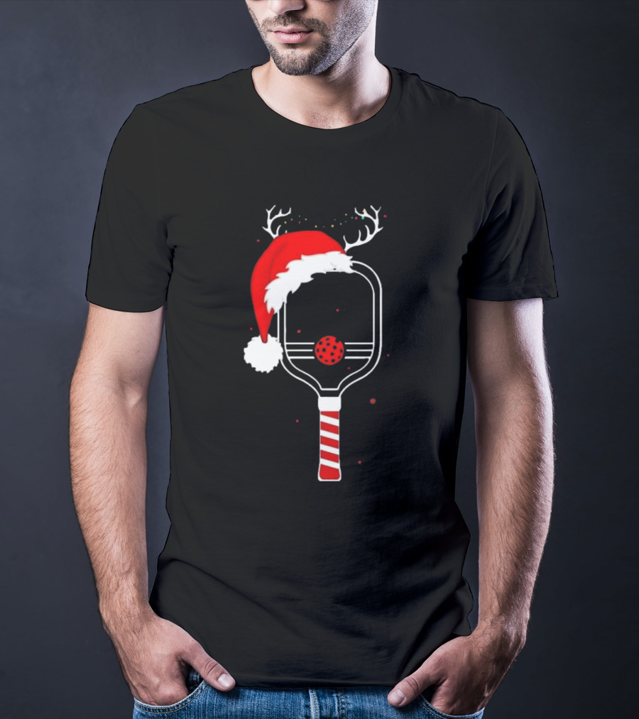 Pickleball Holiday Reindeer Santa Hat Christmas Paddle T-Shirt