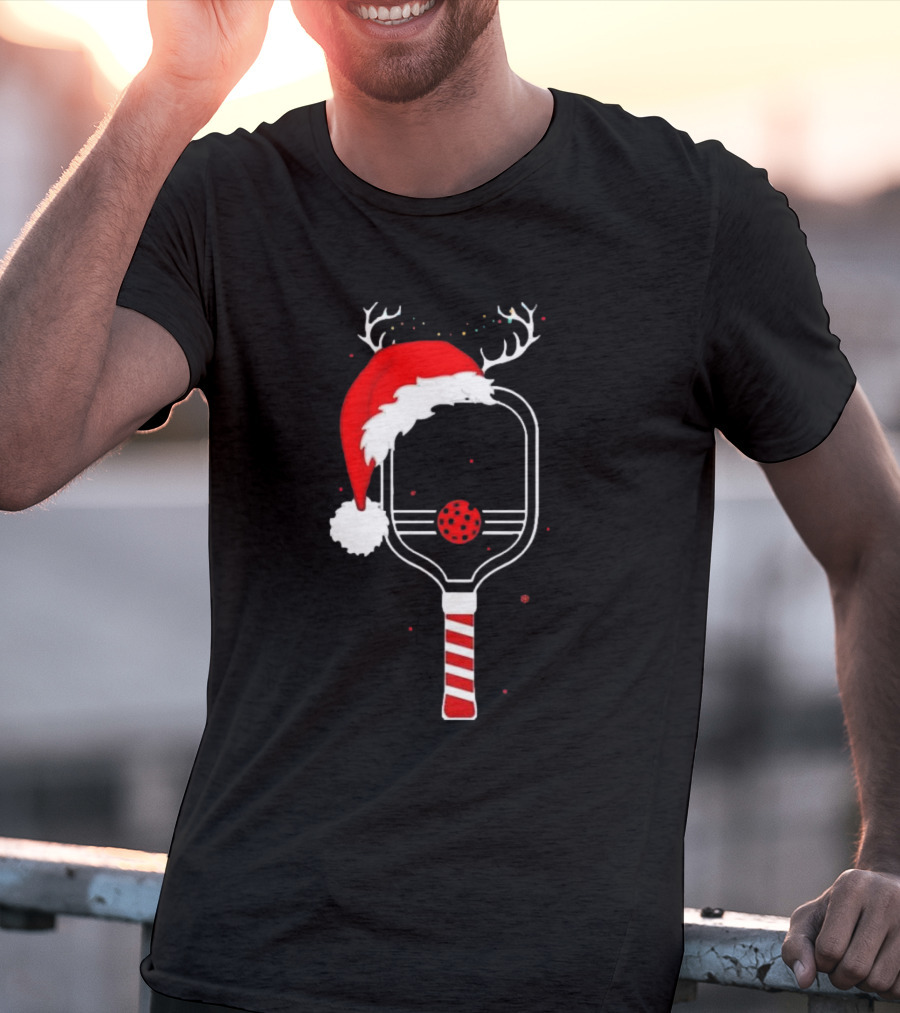 Pickleball Holiday Reindeer Santa Hat Christmas Paddle T-Shirt