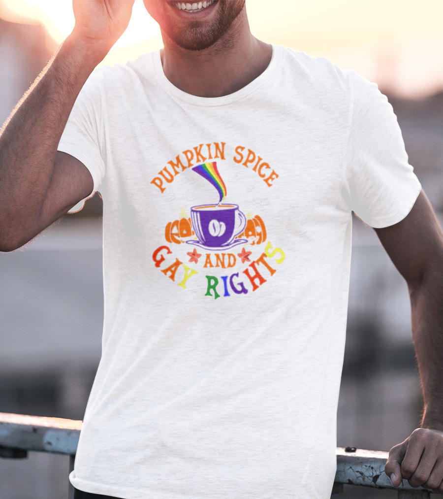 Pumpkin Spice And Gay Rights Rainbow Coffee Cup With Pumpkins And Bats T-Shirt