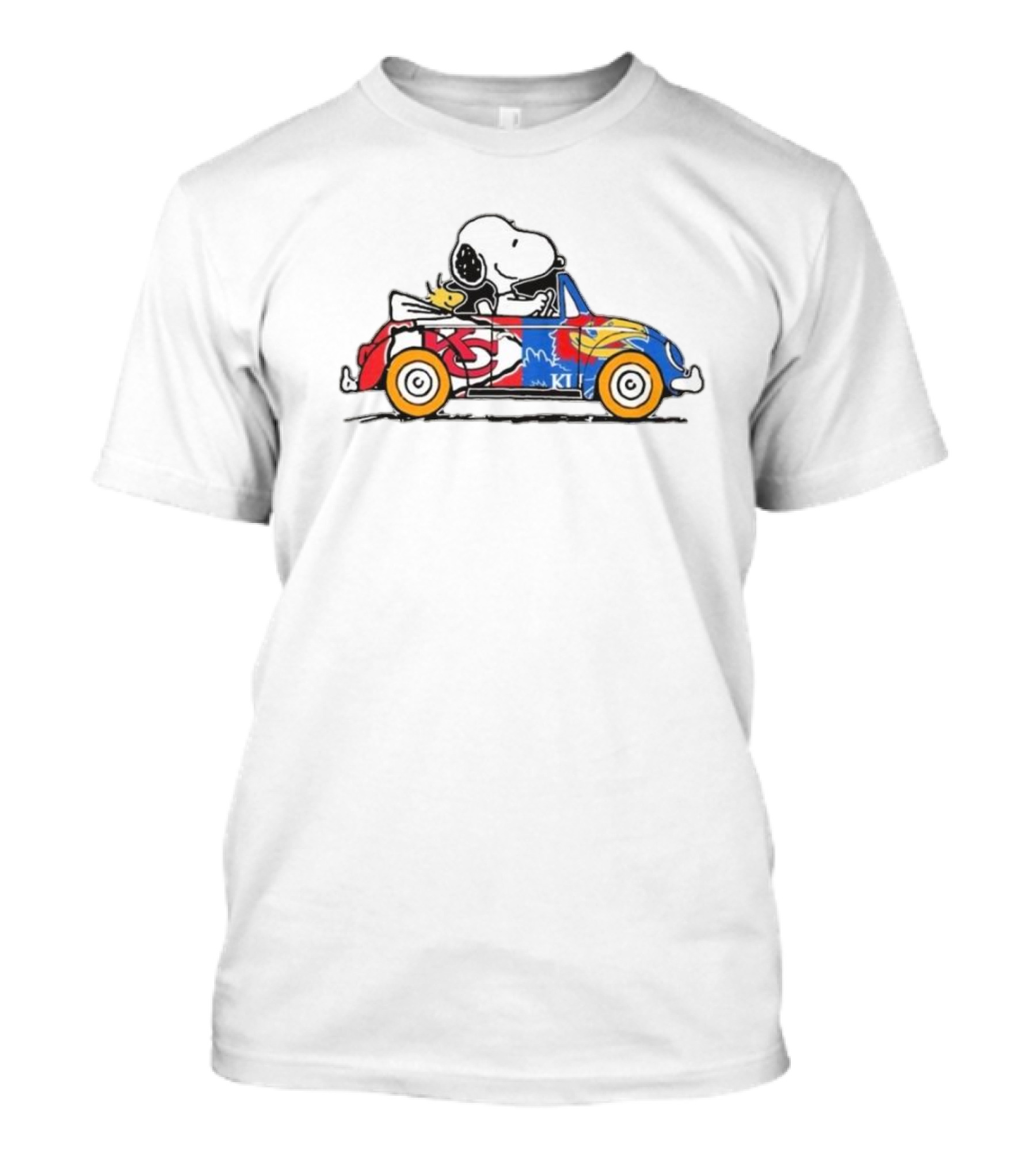 Snoopy And Woodstock Driving Kansas City Chiefs And Kansas Jayhawks Car T-Shirt