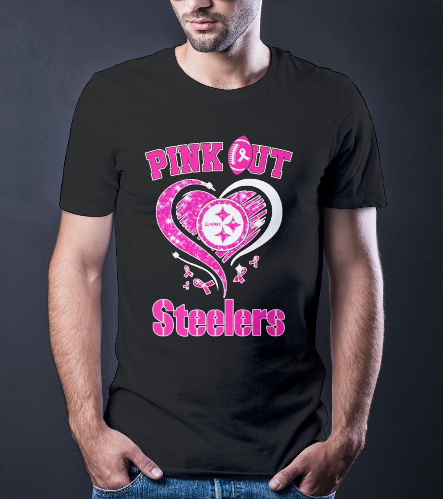 Pink Out Steelers Breast Cancer Heart Diamond T-Shirt