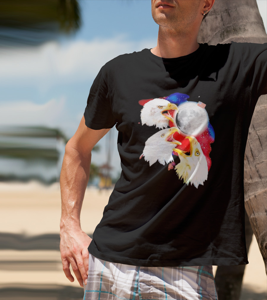 Three Eagles To The Moon American Flag Lunar Trio T-Shirt