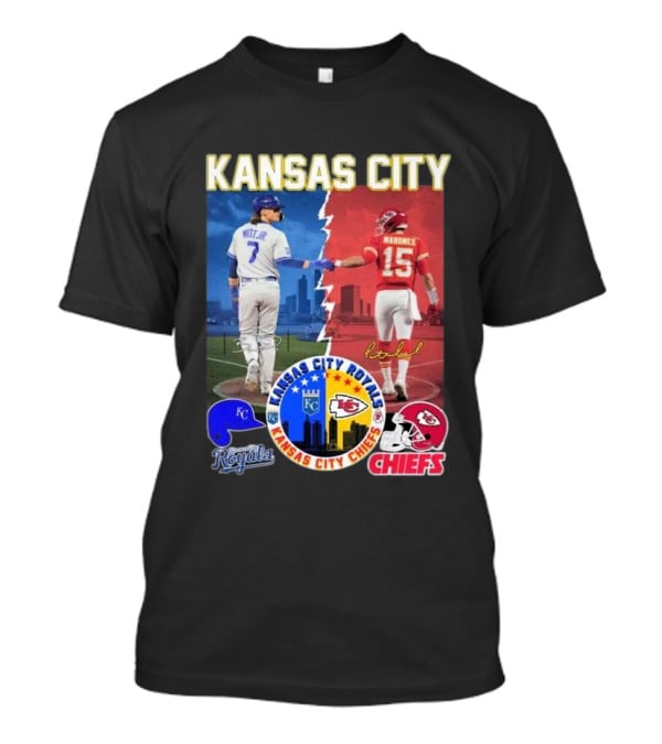 Kansas City Royals Bobby Witt Jr And Chiefs Patrick Mahomes Skyline Logos And Signatures T-Shirt